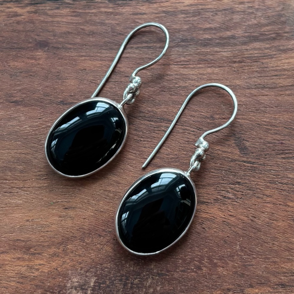 Sterling Silver Black Onyx Oval Statement Earrings